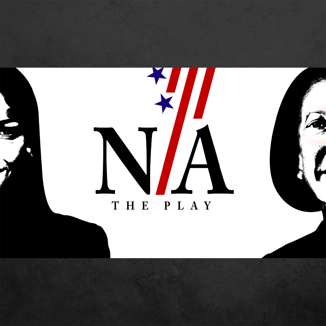 A stark white background hosts a split black and white image of Alexandria Ocasio-Cortez on thel left and Nancy Pelosi on the right. In the middle, a serif font spells out "N/A: The Play" with red stripes and blue stars coming down to form the forward slash.