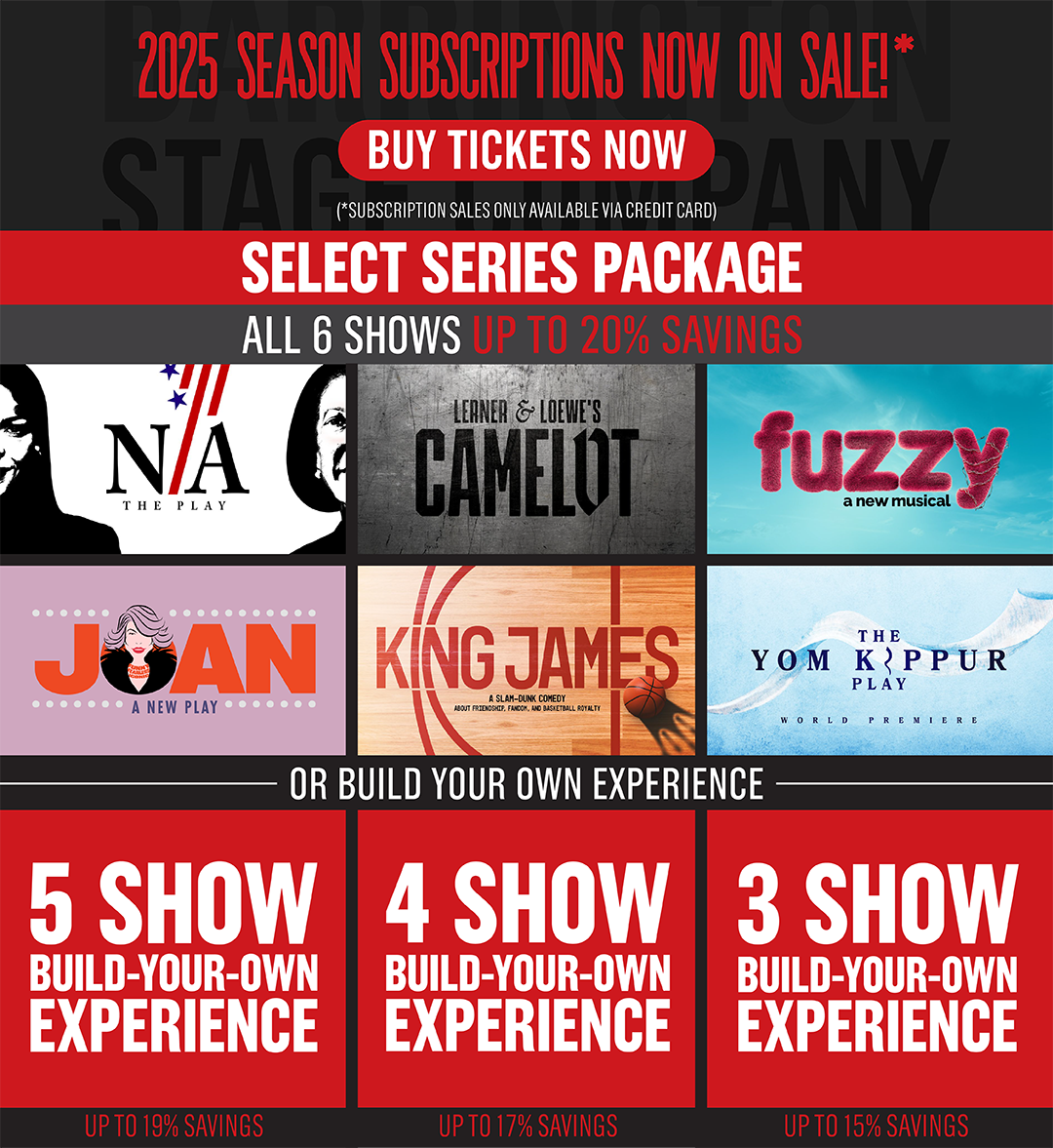 A collage of images is placed together. At the top, a wide gray and red banner reads "2025 Season Subscriptions Now On Sale!*) with a red ovular button below that reads "Buy tickets now", and below that in white text it reads (*Subscription sales only available via credit card.) Beneath the banner, it says "Select Series Package: All 6 shows up to 20% savings" with show art collaged below. It has a white tile with stark half-profile images of Nancy Pelosi and Alexandria Ocasio-Cortez with the words "N/A: The Play" between them in a serif font. The only color in the image comes from red stripes that go diagonally to form the forward slash of "N/A" and blue stars dot the bottom. In the second image, scratched metal hosts the blackletter font reading "Lerner & Loewe's Camelot". Beside that, a blue sky has the pink furry words spelling out "fuzzy: a new musical." Beneath that and to the left two spots, sits a lavender rectangle with orange-red letters that spell out "Joan: A New Play" with an illustrative bust of Joan Rivers arising from the middle of the O. She wears a string of necklaces that read "Funny" "Fearless" and "Iconic" and off-white dots dot the top and bottom of the tile in a subtle nod to pearls. To the right of that, a basketball court at the free-throw line spells out "King James: A slam-dunk comedy about friendship, fandom, and basketball royalty." A basketball sits in the bottom right corner casting a shadow of a crown. Next to that is a blue watercolor image of a white shawl. In front of it in stark black serif letters reads "The Yom Kippur Play. World Premiere." Beneath the show art, the words "or build your own experience" with tiles beneath it that read "5 Show build-your-own experience: Up to 19% savings", "4 show build-your-own experience: Up to 17% savings" and "3 show build-your-own experience: Up to 15% savings".