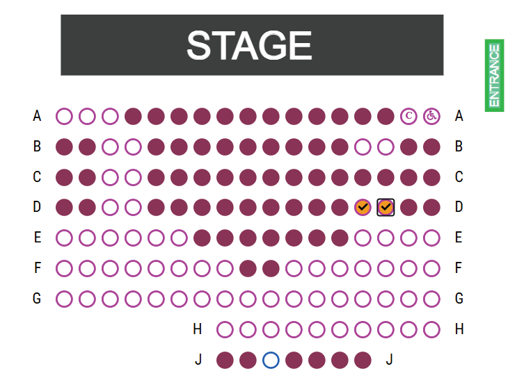 A diagram shows the layout of the theatre seating and how if you click a dot indicated a seat, it will be selected.