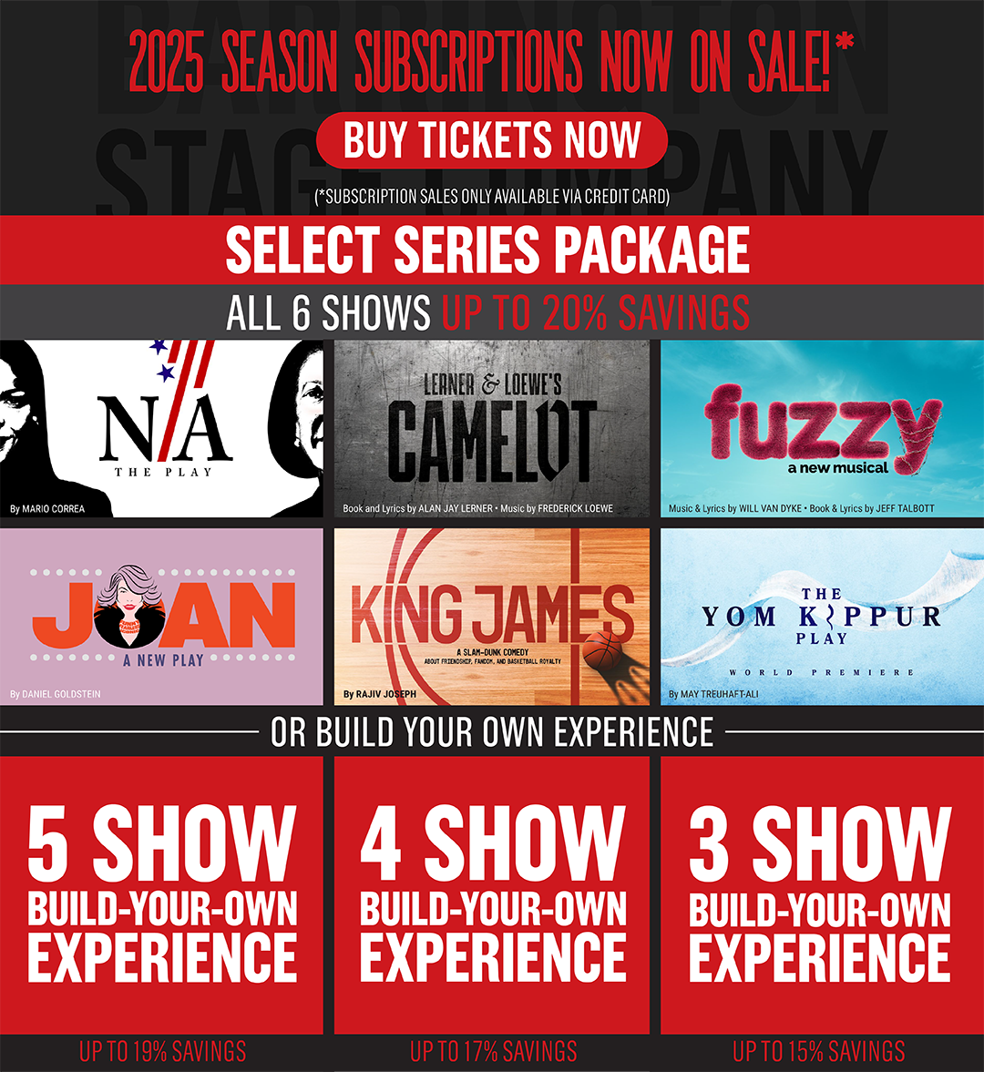 A collage of images is placed together. At the top, a wide gray and red banner reads "2025 Season Subscriptions Now On Sale!*) with a red ovular button below that reads "Buy tickets now", and below that in white text it reads (*Subscription sales only available via credit card.) Beneath the banner, it says "Select Series Package: All 6 shows up to 20% savings" with show art collaged below. It has a white tile with stark half-profile images of Nancy Pelosi and Alexandria Ocasio-Cortez with the words "N/A: The Play" between them in a serif font. The only color in the image comes from red stripes that go diagonally to form the forward slash of "N/A" and blue stars dot the bottom. In the second image, scratched metal hosts the blackletter font reading "Lerner & Loewe's Camelot". Beside that, a blue sky has the pink furry words spelling out "fuzzy: a new musical." Beneath that and to the left two spots, sits a lavender rectangle with orange-red letters that spell out "Joan: A New Play" with an illustrative bust of Joan Rivers arising from the middle of the O. She wears a string of necklaces that read "Funny" "Fearless" and "Iconic" and off-white dots dot the top and bottom of the tile in a subtle nod to pearls. To the right of that, a basketball court at the free-throw line spells out "King James: A slam-dunk comedy about friendship, fandom, and basketball royalty." A basketball sits in the bottom right corner casting a shadow of a crown. Next to that is a blue watercolor image of a white shawl. In front of it in stark black serif letters reads "The Yom Kippur Play. World Premiere." Beneath the show art, the words "or build your own experience" with tiles beneath it that read "5 Show build-your-own experience: Up to 19% savings", "4 show build-your-own experience: Up to 17% savings" and "3 show build-your-own experience: Up to 15% savings".