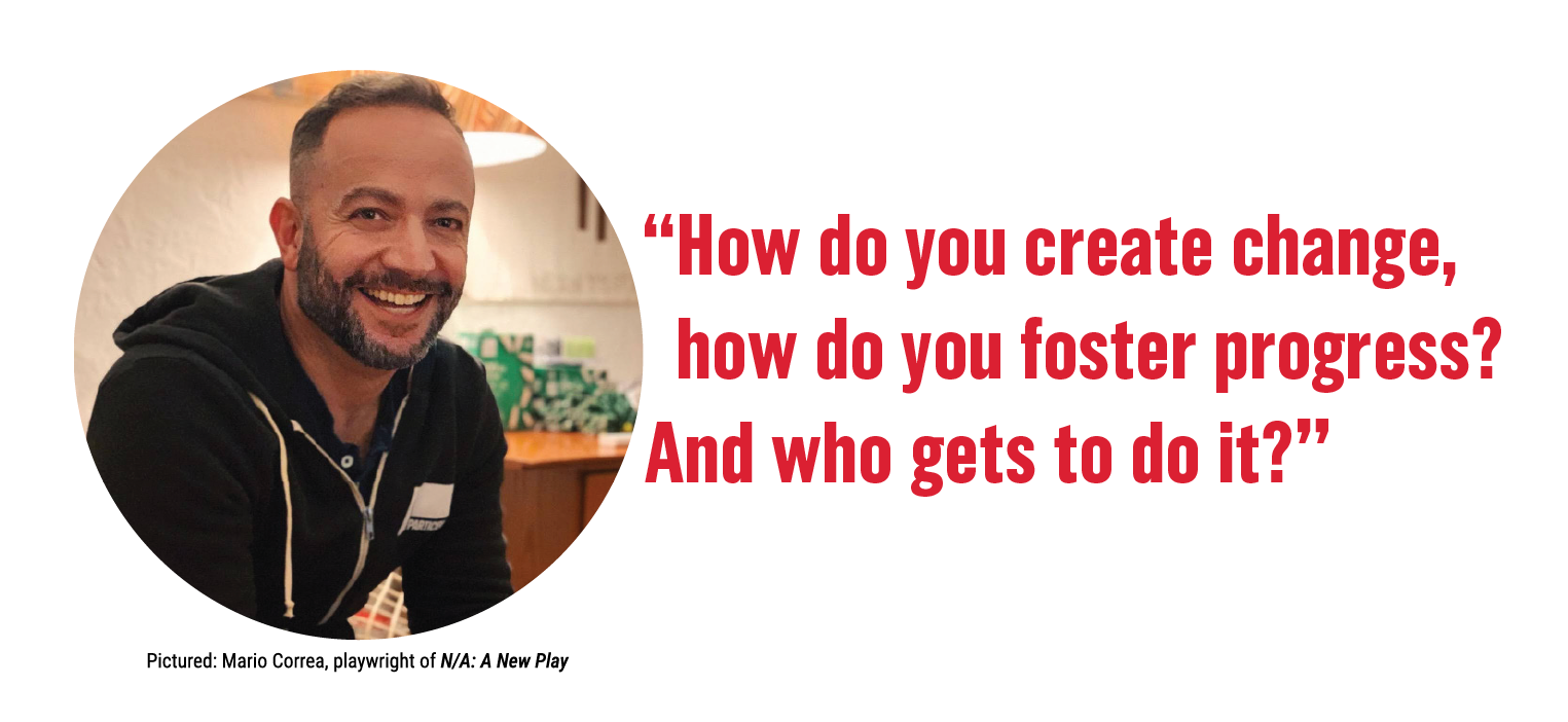 "How do you create change, how do you foster progress? And who gets to do it?" beside this quote is a headshot of N/A playwright, Mario Correa.