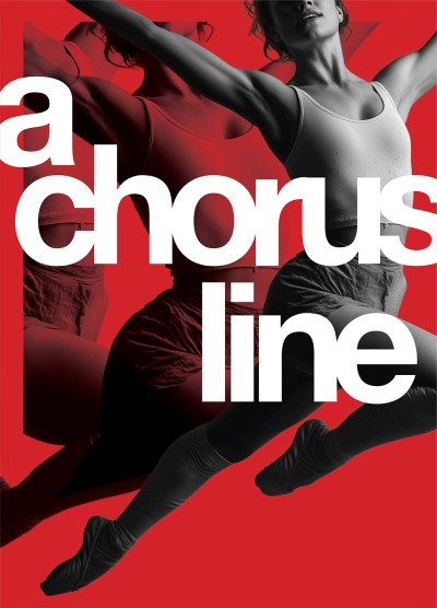A red background features a black and white photo lapse of a dancer mid-leap, the bold white letters in front of her spell out "A Chorus Line"