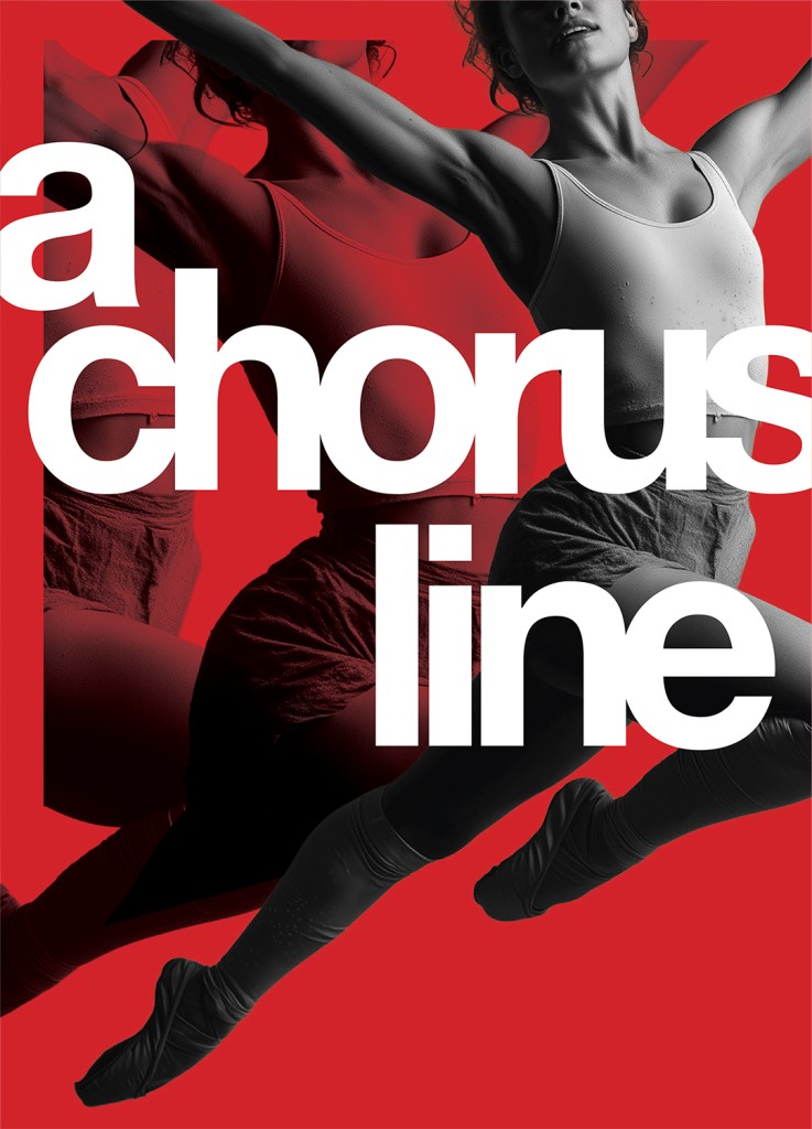 A red background features a black and white photo lapse of a dancer mid-leap, the bold white letters in front of her spell out "A Chorus Line"