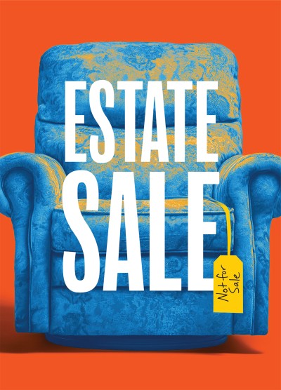 A bright orange background features a blue and yellow duotone armchair with a tag hanging from it that reads "Not for Sale". Big white font spells out the title of the play, "Estate Sale" in the foreground.