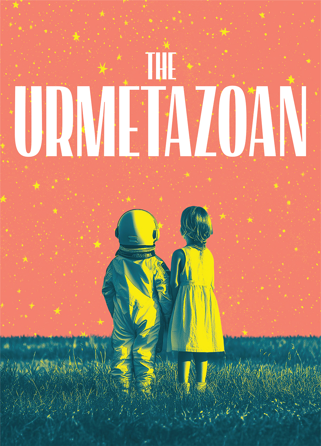 A salmon-hued sky with tiny yellow stars frames two young girls in the foreground, who are yellow and blue duotone atop green and blue duotone grass. One wears an astronaut outfit, the other a dress. They gaze up at the title, "The Urmetazoan"