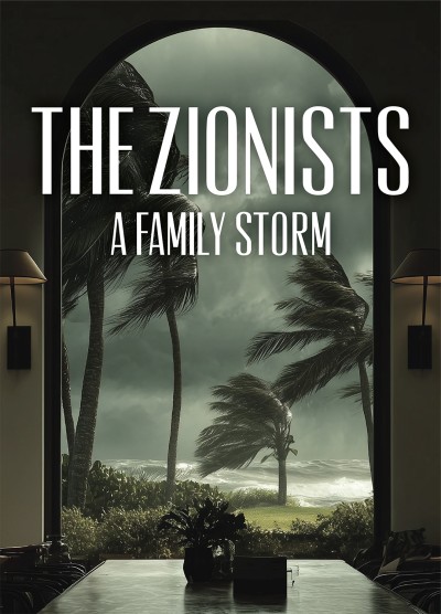 A portico frames an outdoor scene, picturing a coastline amid a hurricane. Bold white letters spell out "The Zionists: A Family Storm"