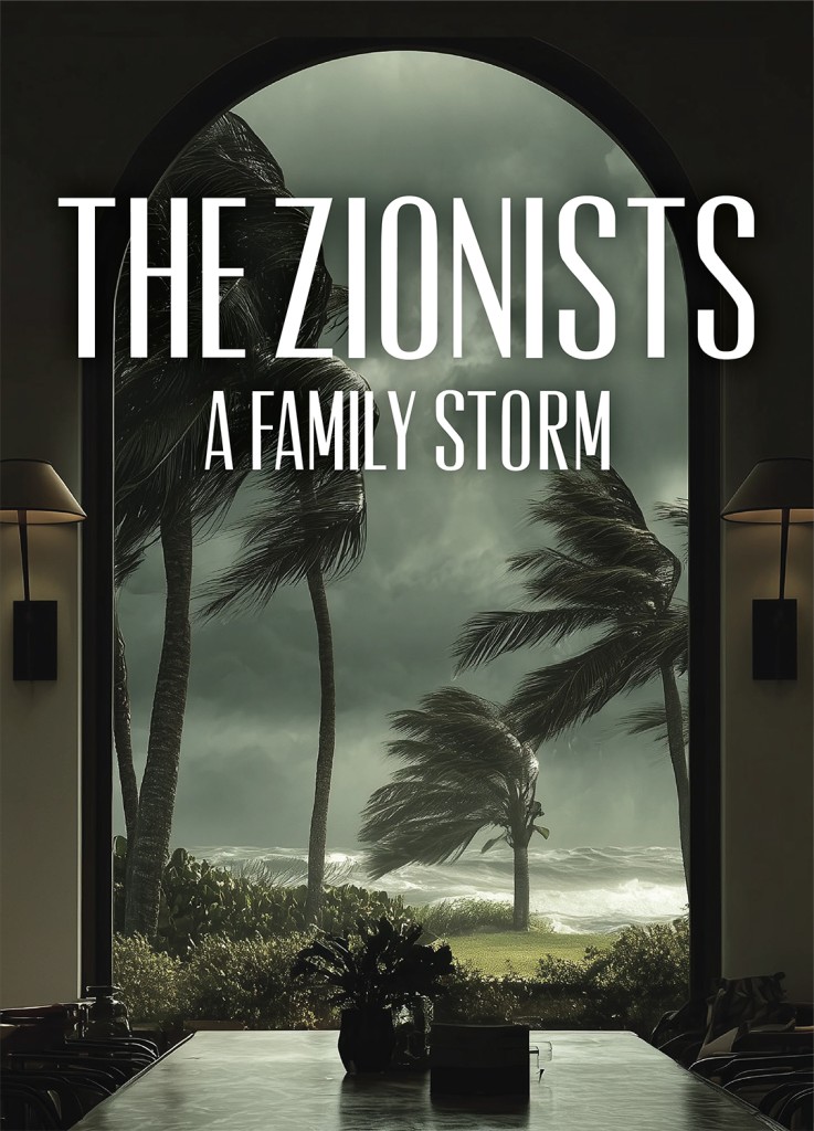 A portico frames an outdoor scene, picturing a coastline amid a hurricane. Bold white letters spell out "The Zionists: A Family Storm"