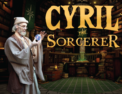 A tall, thin man in gray robes looks into a small crystal ball in his palm. He stands in a dark library, with the words in gold reading "Cyril the Sorcerer."